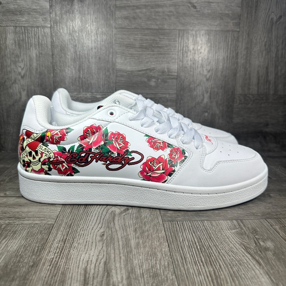 Ed Hardy EH Court-TW Sneakers Women 10 White Rose Skull Tattoo NEW EH06045101